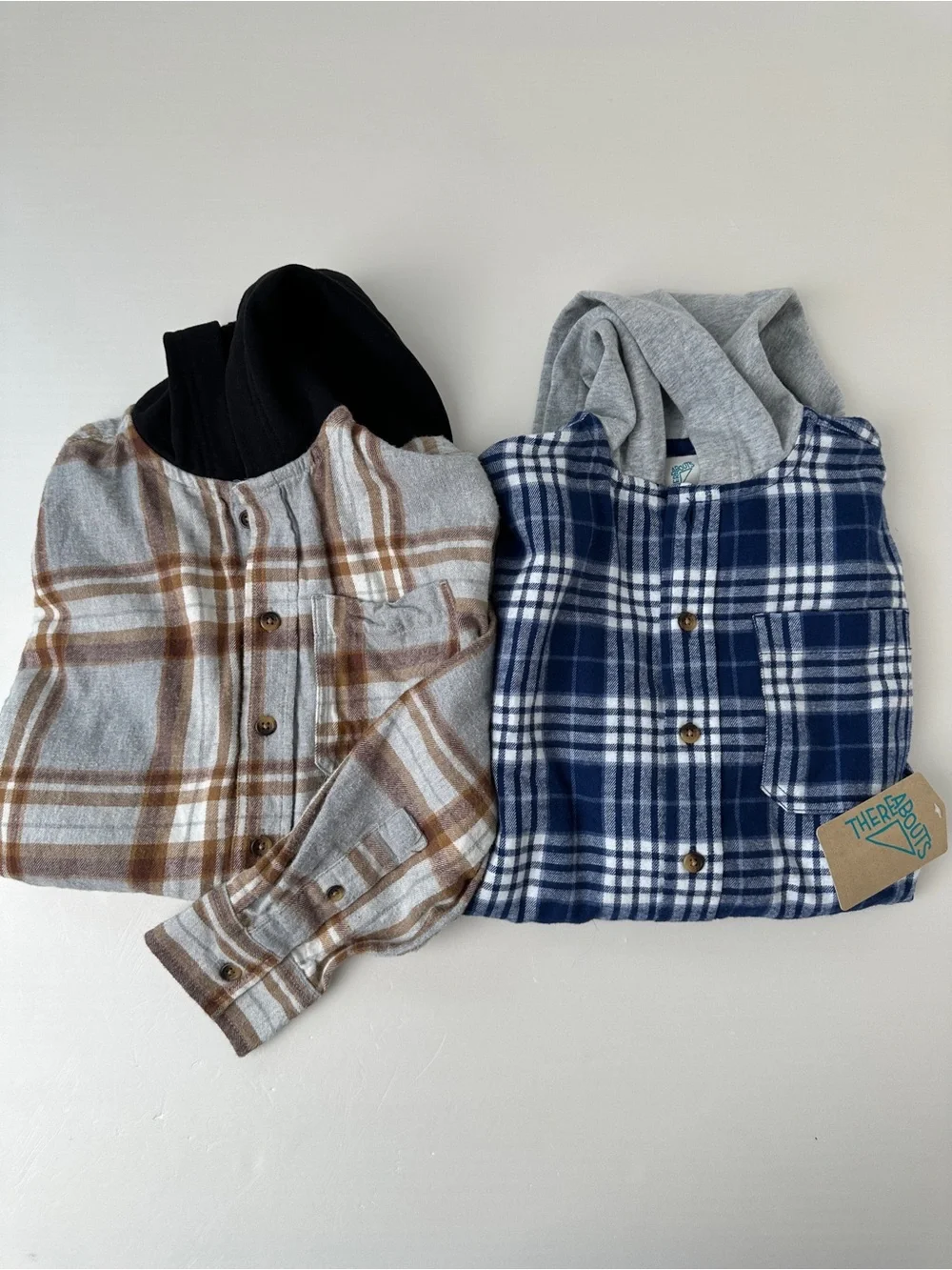 Boys Hooded Flannel Shirt Lot Of 2 Blue Grey Plaid Size S 8 NWT